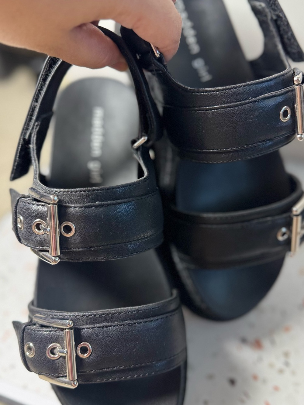 Madden Girl Women's Black Buckle-Strap Sandals with Adjustable Straps